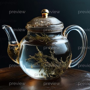 Könnte beinhalten: Eine klare Glasteekanne mit goldenem Deckel und Griff. Die Teekanne ist mit Wasser und Kräuterzweigen gefüllt. Die Teekanne steht auf einer dunklen Holzoberfläche.