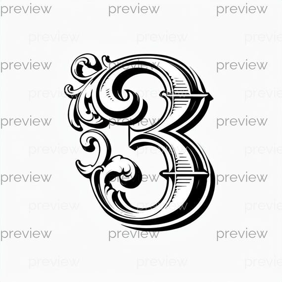 Ornate Number 3 Digital Art - Vintage Baroque Style Printable