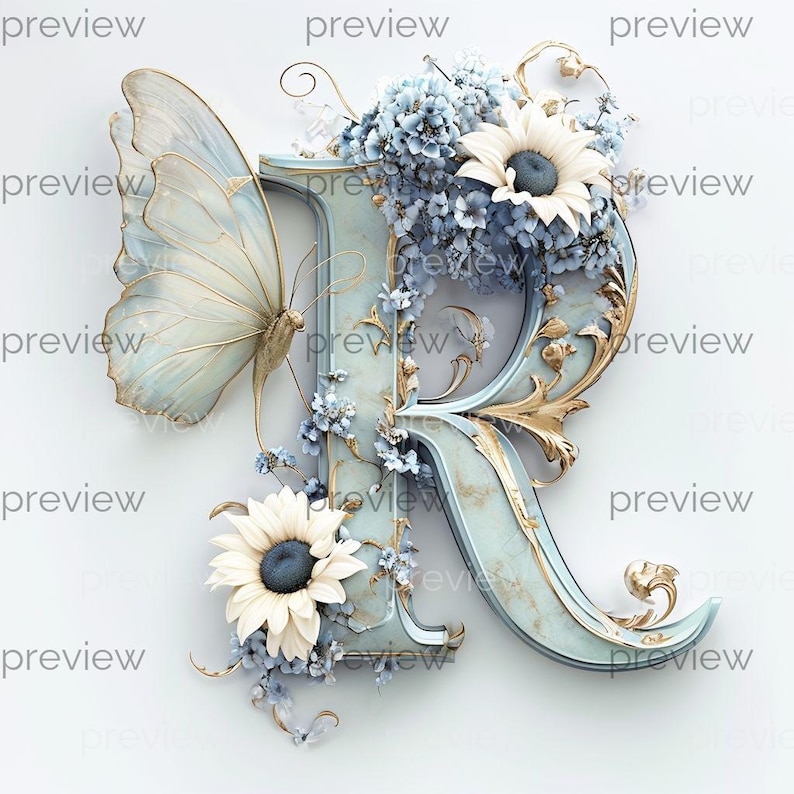 R Ornate Letter R With Floral Elements and Butterfly in Soft Blue and ...