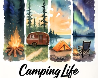 Cenas de acampamento em aquarela: fogueira, caravana, barraca, aurora boreal (download digital)