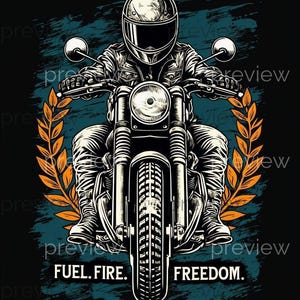 Bränsleeldfrihet - Snygg motorcykelförarillustration med olivkvistar - Vintage digitalt konsttryck