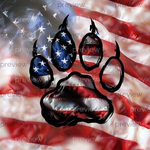May include: A graphic illustration of a bear paw print featuring the American flag pattern with red, white, and blue colours. The design includes a large central pad and four smaller toe pads, all outlined in black, set against a waving flag background.