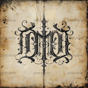Op de afbeelding: Een zwarte inktillustratie met een ingewikkeld, symmetrisch gotisch monogram van de letters M en M, gecentreerd op een getextureerde, verouderde perkamentachtergrond met donkere inktspatten en de herhaalde watermerktekst preview.