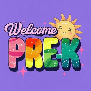 Bienvenue PREK clipart coloré pour téléchargement immédiat - Design ludique avec un soleil joyeux et des étincelles pour les projets de sublimation