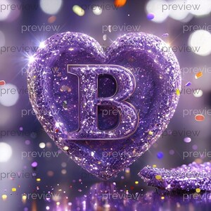 May include: A sparkling purple heart shape with the letter "B" in the center. The heart is covered in glitter and has a metallic gold outline around the letter. The background is blurred with bokeh effects.
