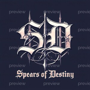 May include: A graphic design featuring the letters SD in a stylized, sharp, gothic-inspired font, layered over three vertical spear-like elements. Below the emblem, the text reads Spears of Destiny in a matching, ornate, serif typeface.
