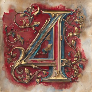 Verzierte Vintage Zahl 4 Clipart mit goldenen Details - Elegante Blumenmotive für Sublimationsdesign Sofort-Download
