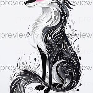 Può includere: Illustrazione in bianco e nero di una volpe con intricati motivi floreali e a spirale. La volpe ha un petto bianco soffice e un tocco di rosa sulle guance. L'opera d'arte è dettagliata ed elegante, adatta per arte murale o decorazioni per la casa.