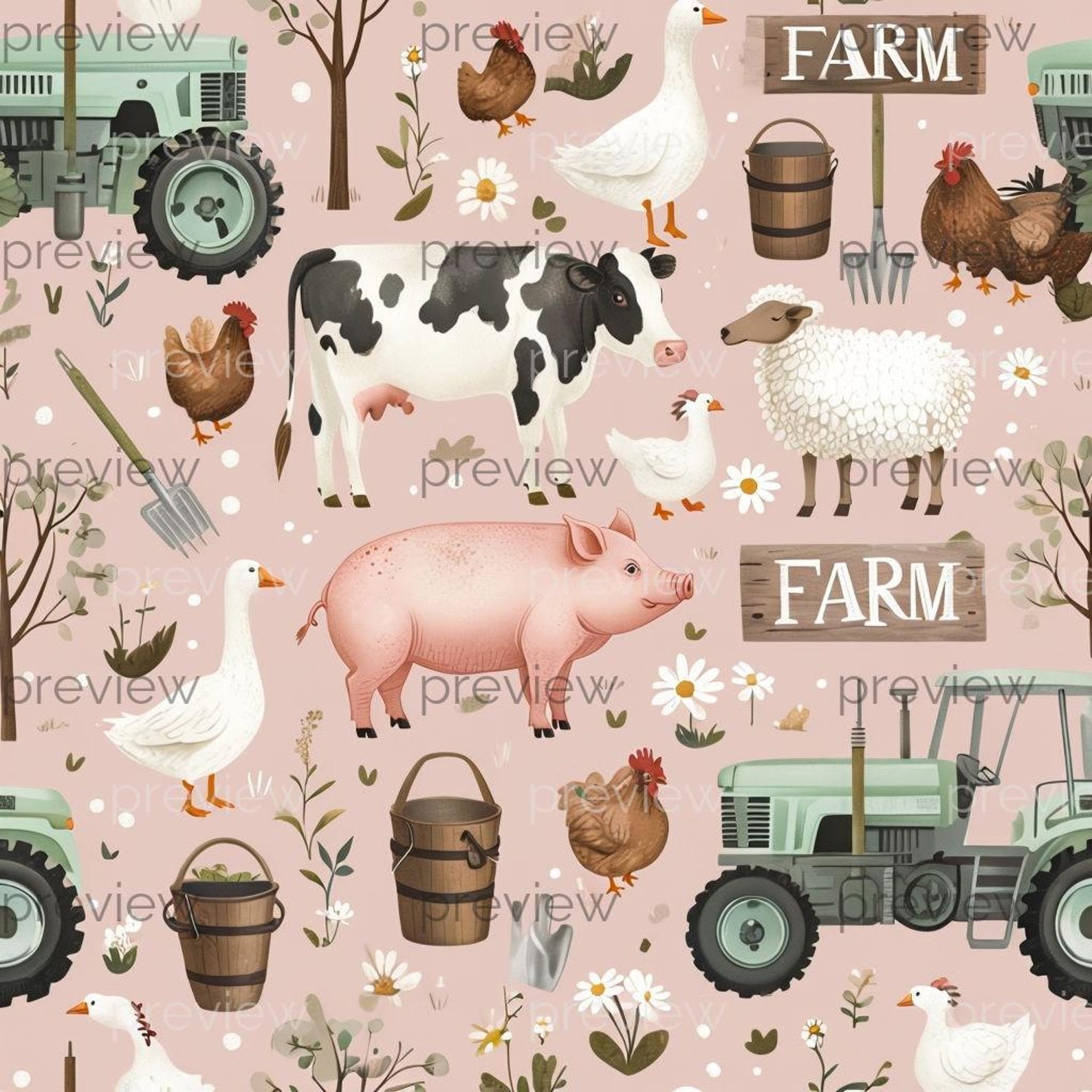 Whimsical Farm Scene With Playful Animals and Floral Motifs - Instant ...