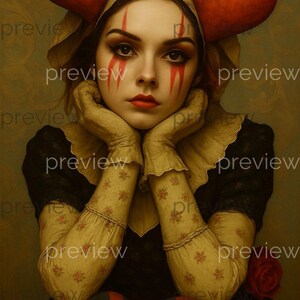 May include: A digital painting of a person in a jester-like costume. The person wears a head covering with two large red heart shapes, red face paint, and a black and red striped outfit. The person is resting their chin on their hands.
