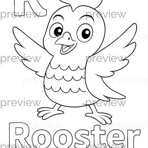 Fröhliche Hahn Malseite mit R und Hahn Text für Kinder - Perfekt für nahtlose Muster und druckbare Geschenkverpackung