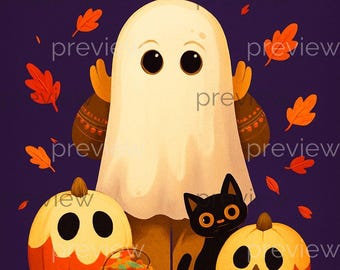 Ilustración caprichosa de fantasmas y calabazas de Halloween con gato juguetón: perfecta para decoración festiva e imprimibles.