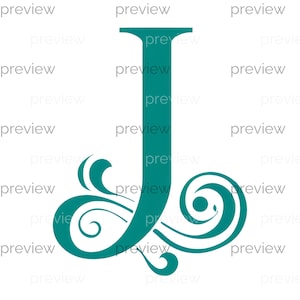 May include: Teal-colored letter "J" with decorative flourishes. The capital letter features a classic serif design with elegant, swirling embellishments at the base, creating a stylish monogram or initial design.