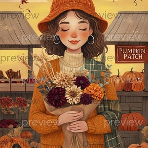 May include: An illustration of a person wearing an orange bucket hat, a cream turtleneck, and an orange cardigan, holding a bouquet of autumn flowers. The background features a pumpkin patch with wooden stalls and the text PUMPKIN PATCH.