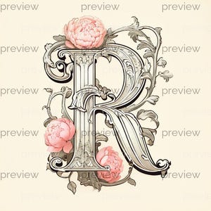 Könnte beinhalten: Ein verziertes "R" in einem Vintage-Stil, mit einem silber-grauen Design und floralen Elementen. Das Design umfasst drei rosa Pfingstrosenblüten, vor einem cremefarbenen Hintergrund.
