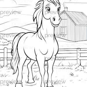 Fröhliches Cartoon-Pferd in pastoraler Umgebung - Nahtloses Muster für digitales Papier, Geschenkverpackungen und zum Ausdrucken