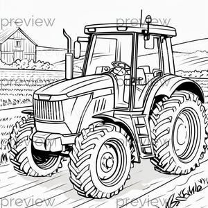 Peut inclure: Dessin au trait noir et blanc d'un tracteur dans un champ. Le tracteur a de gros pneus à sculptures, une cabine et une calandre. Une grange est visible en arrière-plan.