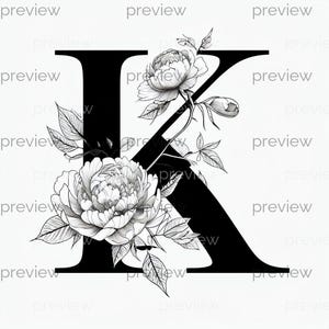 Könnte beinhalten: Schwarzer Buchstabe "K" mit detaillierten Blumenillustrationen. Das Design zeigt zwei große Pfingstrosenblüten und mehrere Blätter, alles in Schwarz und Weiß, was einen starken Kontrast zum weißen Hintergrund erzeugt.