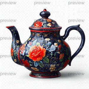 May include: A decorative, dark blue teapot with a floral design. The teapot features a large red rose, along with other flowers and foliage in shades of red, orange, white, and blue. The handle and spout are dark blue, and the rim is red.