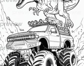 Monster Truck Adventure with T-Rex Roaring on Top - Printable Digital Art for Coloring Fun