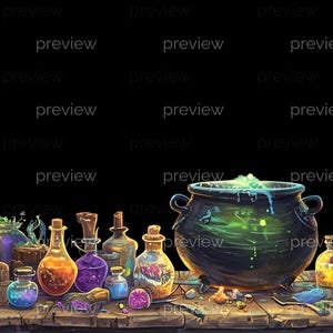 May include: An illustration of a witch's potion-making scene. A large black cauldron with glowing green liquid sits next to various glass bottles filled with colorful potions. The bottles have cork stoppers and are arranged on a wooden table.
