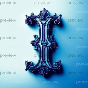 May include: A detailed, ornate letter "I" in a dark blue hue, with intricate scrollwork and decorative elements. The letter is set against a gradient blue background, creating a sense of depth and shadow. The design has a vintage, classic aesthetic.