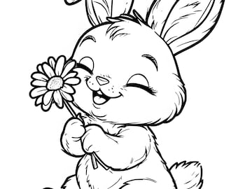 Niedliches Cartoon-Kaninchen mit Gänseblümchen-Muster für digitales Papier, Geschenkverpackung und bedruckbares Papier für Kindermalaktivitäten