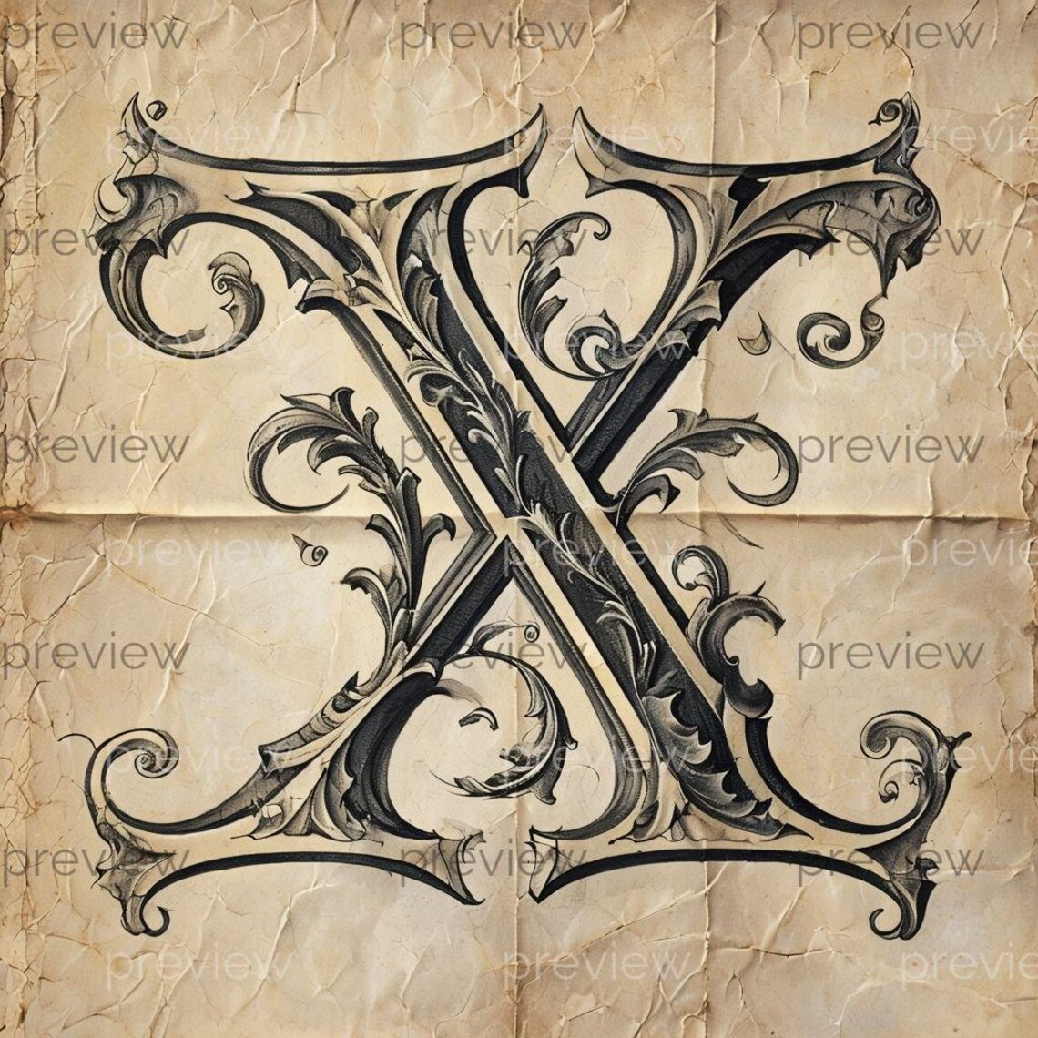 Ornate Letter X Digital Art on Aged Parchment - Elegant Printable for ...