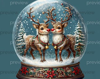 Encantador globo de nieve con adorables renos en un paraíso invernal. Perfecto para decoración navideña y celebraciones festivas. SOLO DESCARGA DIGITAL.