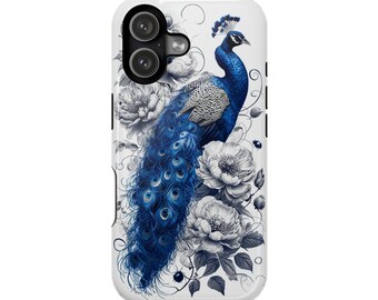 Peacock Magnetic Case, Impact-Resistant Phone Cover, Floral Phone Case, Blue Peacock Design, Stylish Protection, Unique Gift