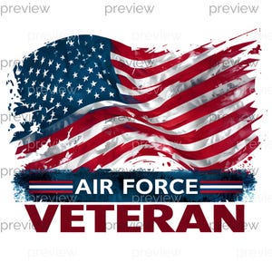 May include: A patriotic design featuring a distressed American flag in red, white, and blue. The words "AIR FORCE" and "VETERAN" are prominently displayed in a bold font, suitable for apparel or decor.