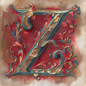 Clipart de la letra Z con flores ornamentadas - Descarga instantánea para diseño de sublimación - Elegante estilo vintage con detalles dorados