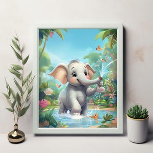 Elefante de dibujos animados jugando en el agua: una escena tropical caprichosa para la decoración de la habitación infantil. Arte mural de descarga instantánea.