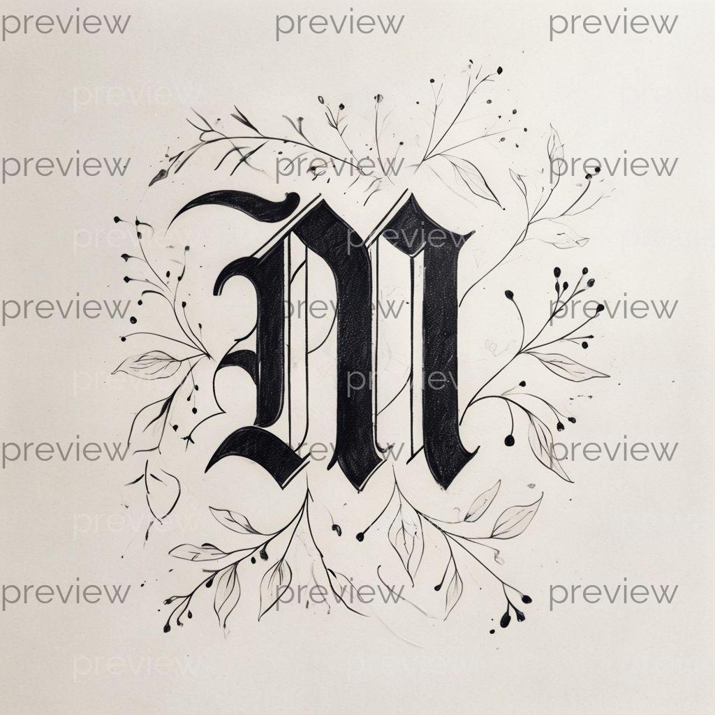 M Ornate Gothic Letter M Surrounded by Botanical Elements - Elegant ...