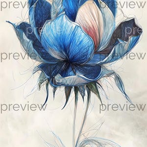 Elegant Blue Lotus Flower Digital Art - Intricate Petal Details for Instant Download Printable Decor