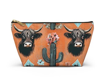 Cow Print Accessory Pouch, Boho Makeup Bag, Floral Cactus Pencil Case, Gift for Her, Western Style Organizer