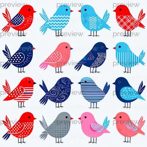 May include: A collection of twelve colorful bird illustrations. Each bird features a unique design, with patterns including polka dots, stripes, and geometric shapes. The birds are in shades of red, blue, pink, and gray, with black legs and beaks.