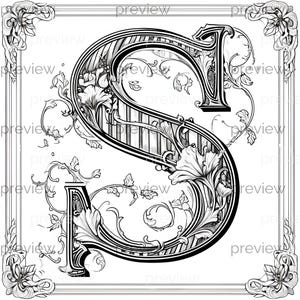 Eleganter verzierter Buchstabe S Design - Vintage Blumenmotive Perfekt für nahtlose Muster und druckbare Geschenkverpackungen