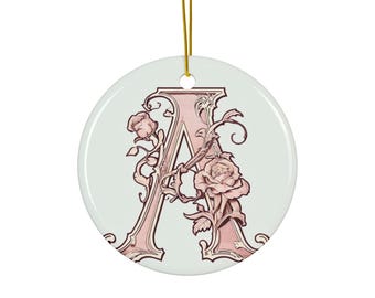 Adorno floral con letra A, adorno de cerámica/monograma inicial, decoración navideña