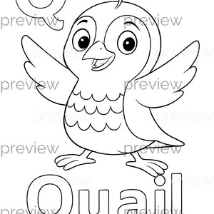 遊び心のあるQと大胆なウズラの文字が入った、かわいいウズラのぬり絵ページ。お子様向けの楽しい印刷可能なアクティビティです。