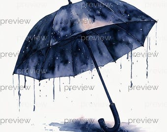 Elegante ombrello nero acquerello con gocce di pioggia - Arte digitale stampabile per il download immediato