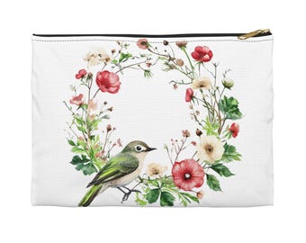 Watercolor Bird Floral Wreath Accessory Pouch | Bird Cosmetic Zip Pouch