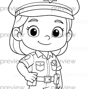Peut inclure: Illustration de dessin animé en noir et blanc d'un agent de police. L'officier porte un uniforme, un chapeau avec un insigne et une ceinture avec un étui. L'officier sourit et a de grands yeux.