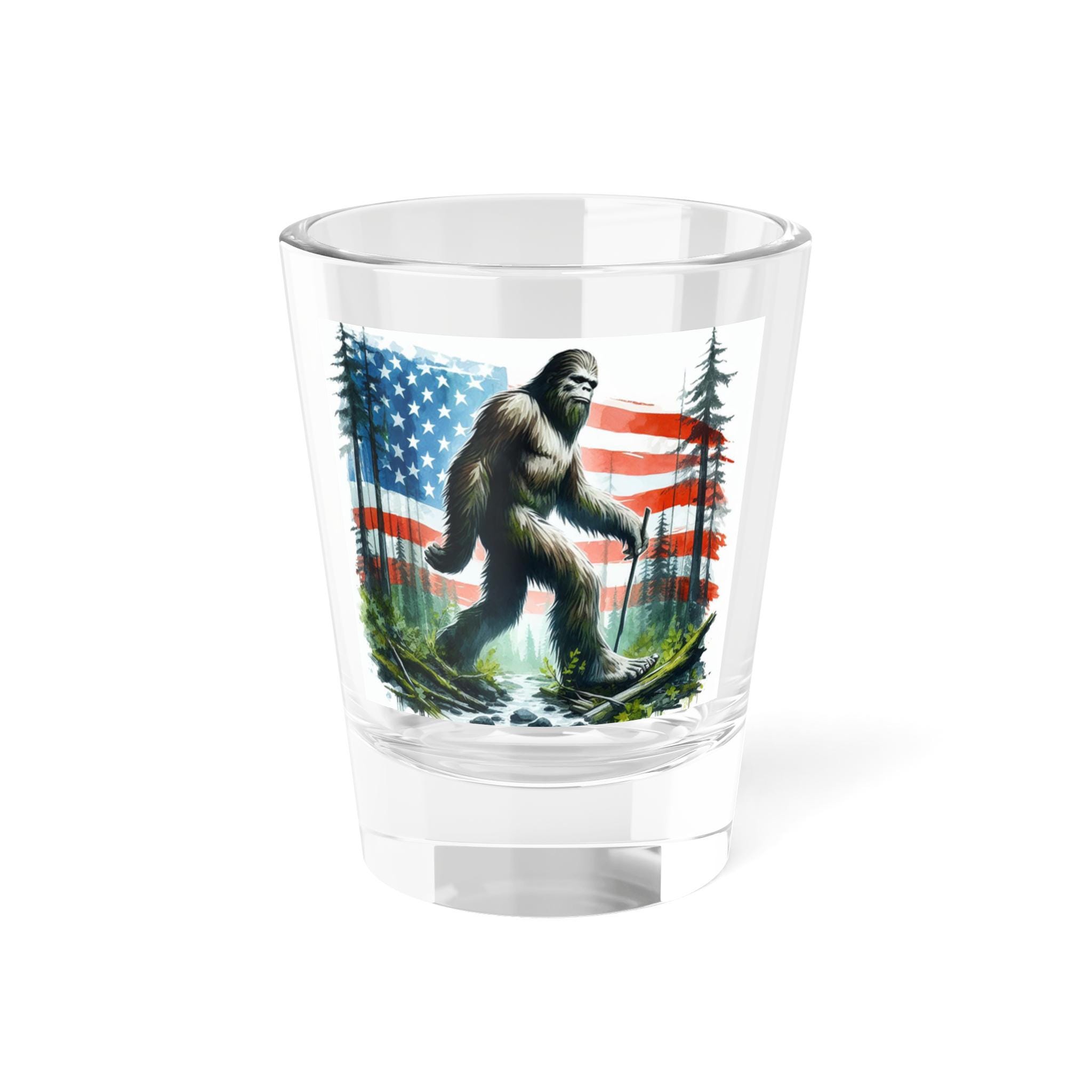 Shot Glass, Big Foot Woods American Flag Patriotic Mini Beer Cup, Gift for Hiker, Outdoorsman, 1 5oz, Cabin Decor, Barware, Collector's Item