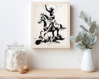 Dynamic Cowboy on Horseback - Bold Black-and-White Western Art for Instant Download Printable Wall Decor