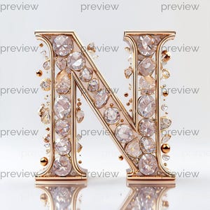 Luxurious 3D Letter N Embellished with Sparkling Gemstones - Printable Digital Art for Instant Download