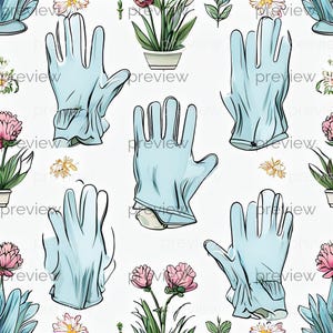 Puede incluir: Un patrón repetido de guantes de jardinería azul claro, plantas en macetas, flores rosas y pequeñas flores amarillas sobre un fondo blanco. El diseño tiene un estilo ilustrativo dibujado a mano. Los guantes están en diferentes posiciones.
