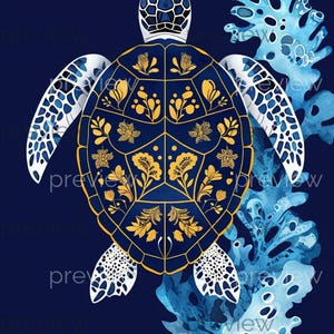 May include: A detailed illustration of a sea turtle with a navy blue shell adorned with gold floral patterns. The turtle's head and flippers are white with blue accents. Blue coral is in the background, all set against a dark blue backdrop.