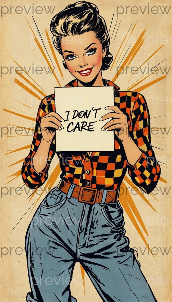 レトロなポップアートの女性「I DON'T CARE」サイン - すぐに