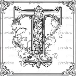 Dekoratives Design des Buchstaben T mit Blatt- und Rebenmotiven für nahtlose Muster und druckbare Papiere